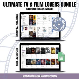 Könnte beinhalten: Zwei Laptops mit digitalen Oberflächen für Film- und Fernsehbegeisterte. Der obere Bildschirm zeigt ein Filmjournal, der untere einen Serien-Hub. Der Text "ULTIMATE TV & FILM LOVERS BUNDLE" ist im Bild enthalten.