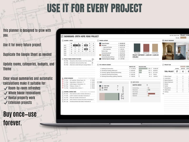 Renovation Planner Spreadsheet | Home Remodel Budget & Project Tracker | Contractor Quote Manager | Google Sheets Dashboard image 11
