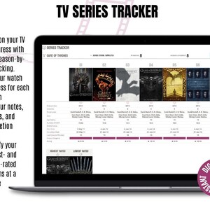 以下が含まれることがあります： ラップトップの画面には、「ゲーム・オブ・スローンズ」のテレビシリーズトラッカーが表示されています。インターフェースには、シーズンごとの進捗状況、評価、メモが表示されます。画面のテキストは「TV Series Tracker」と「Digital Instant Download」です。
