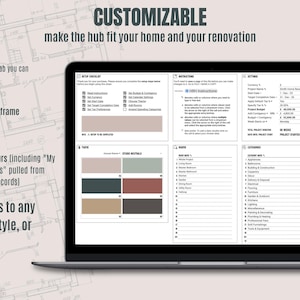 May include: A laptop screen displays a customizable home renovation planning tool. The interface includes options for currency, project timeframe, tax settings, rooms, and color themes. Text on the screen reads "CUSTOMIZABLE" and "It adapts to any home, style, or project."