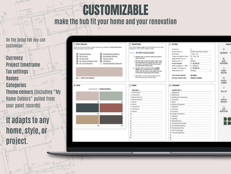 May include: A laptop screen displays a customizable home renovation planning tool. The interface includes options for currency, project timeframe, tax settings, rooms, and color themes. Text on the screen reads "CUSTOMIZABLE" and "It adapts to any home, style, or project."