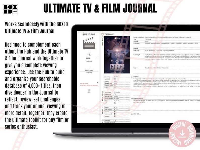 以下が含まれることがあります： ラップトップの画面には、「The Gorge」のポスターなど、映画の詳細が記載された映画ジャーナルのインターフェースが表示されています。「ULTIMATE TV & FILM JOURNAL」というテキストが上部にあります。このジャーナルは、映画やシリーズを追跡し、レビューするように設計されています。