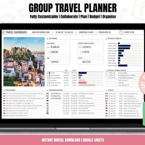 以下が含まれることがあります： 旅行プランナーのダッシュボードが表示されたラップトップの画面。画面には予算やアクティビティなど、旅行情報が表示されています。「GROUP TRAVEL PLANNER」の文字が見えます。デジタルダウンロードのアイコンも表示されています。