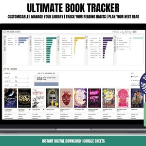Tracker di libri digitali definitivo per lettori / Diario di lettura personalizzabile di Google Sheets / Obiettivi di lettura, TBR, recensioni, audiolibri e serie