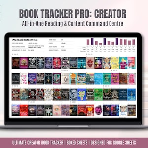 Puede incluir: Una pantalla de portátil que muestra una interfaz de seguimiento de libros. La pantalla muestra una cuadrícula de portadas de libros, visualizaciones de datos y el texto "BOOK TRACKER PRO: CREATOR". La interfaz está diseñada para Google Sheets.