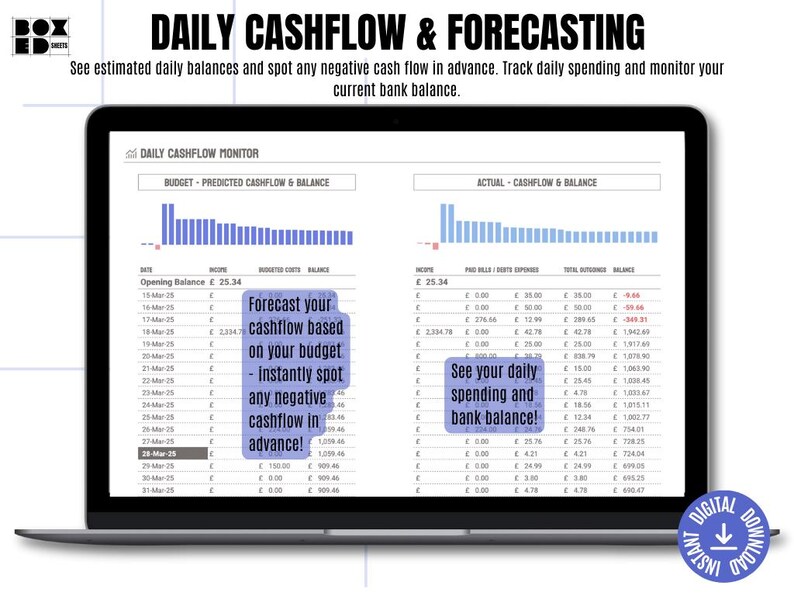 May include: A laptop screen displaying a spreadsheet with a graph showing daily cash flow and balance. The spreadsheet shows a budget, predicted cash flow, and actual cash flow. The text on the screen says "Forecast your cashflow based on your budget - Instantly spot any negative cashflow in advance!" and "See your daily spending and bank balance!"