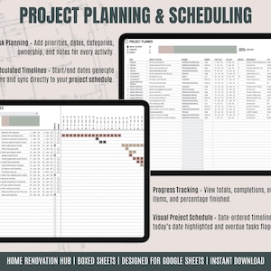 May include: Two digital tablets displaying project planning and scheduling spreadsheets. The top tablet shows a detailed project planner, while the bottom tablet displays a visual project schedule. Text includes "Project Planning & Scheduling" and "Home Renovation Hub".
