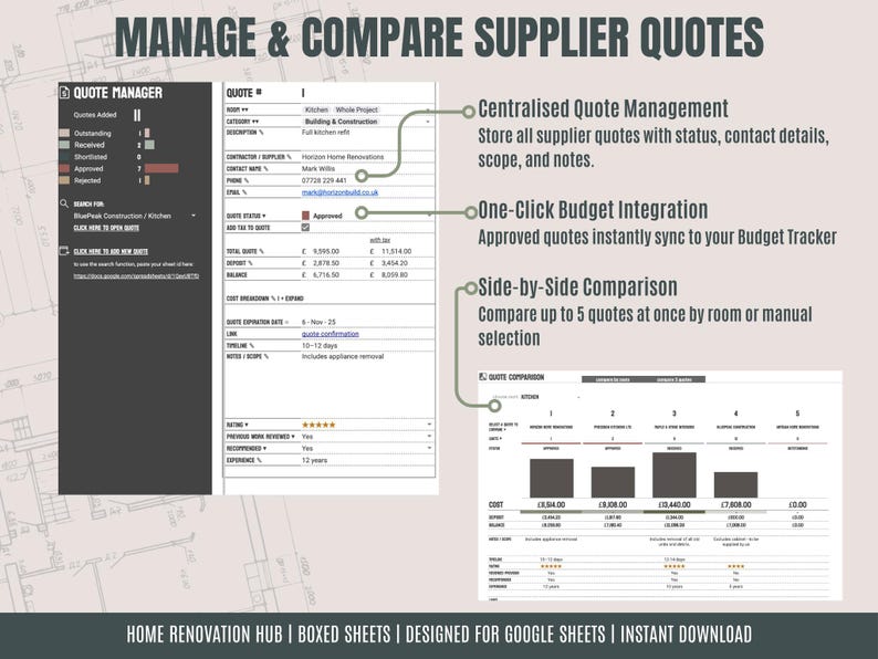 May include: A digital document titled "Manage & Compare Supplier Quotes" with a quote manager, budget integration, and side-by-side comparison features. The document includes a quote comparison chart and the text "Home Renovation Hub".