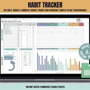 Puede incluir: Una pantalla de computadora portátil que muestra una hoja de cálculo de Google Sheets con un rastreador de hábitos. La hoja de cálculo se titula "Bored Habit Tracker for Sam July 2024". La hoja de cálculo incluye una lista de hábitos, un rastreador diario, un resumen semanal y un gráfico de los 10 hábitos más consistentes.