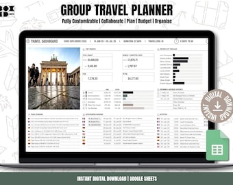 Group Travel Itinerary Spreadsheet, Vacation Budget Tracker, Digital Planner