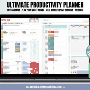 Könnte beinhalten: Ein Laptop-Bildschirm zeigt eine digitale Produktivitätsplaner-Vorlage in Google Sheets. Der Planer enthält Abschnitte für wöchentliche Aufgaben, tägliches Zeitblockieren, Essensplanung und Gewohnheitsverfolgung. Die Vorlage ist anpassbar und wiederverwendbar. Der Text auf dem Bildschirm lautet "Ultimate Productivity Planner" und "Sofortiger digitaler Download | Google Sheets".