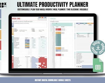 Digital Productivity Planner: Time Blocking, Meal & Habit Tracker (Google Sheets)