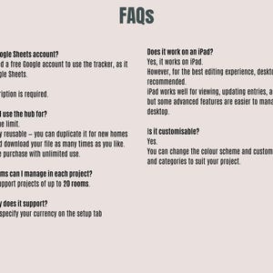 May include: A cream-colored graphic with the title "FAQs" in dark gray. The text answers questions about a digital product, including Google Sheets account requirements, iPad compatibility, and customization options. The text is in a sans-serif font.