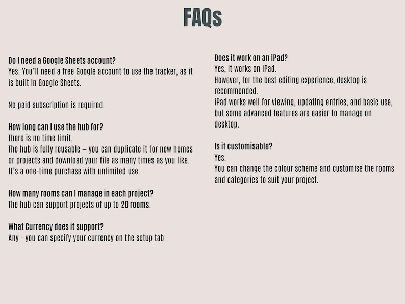 May include: A cream-colored graphic with the title "FAQs" in dark gray. The text answers questions about a digital product, including Google Sheets account requirements, iPad compatibility, and customization options. The text is in a sans-serif font.