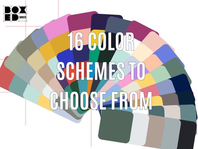 May include: A fan-shaped color palette with 16 different color schemes to choose from. The colors are arranged in a circle with the text "16 COLOR SCHEMES TO CHOOSE FROM" in the center.