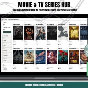 Hub di film e serie TV, Tracker di Google Sheets, Lista di controllo visiva, Valutazioni, Recensioni, Franchise, Progressi stagionali, Database digitale di film e TV