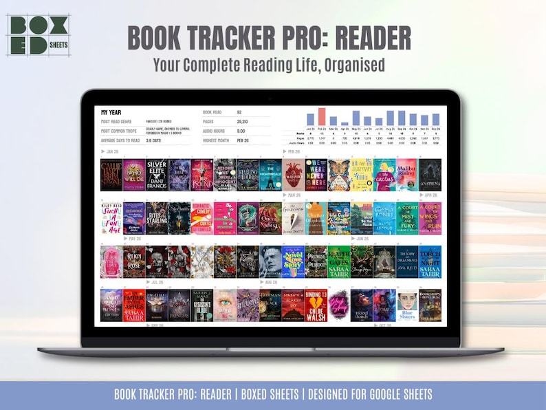 May include: A laptop screen displaying a digital book tracker titled "BOOK TRACKER PRO: READER." The interface shows a grid of book covers, a progress bar, and text that reads "Your Complete Reading Life, Organised."