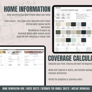 May include: A digital home renovation hub interface with the text "HOME INFORMATION" and "COVERAGE CALCULATOR". The interface displays paint color swatches, home details, and a coverage calculator for paint, flooring, and wall tile requirements.