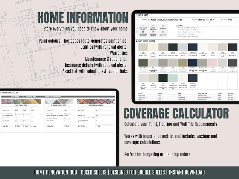 May include: A digital home renovation hub interface with the text "HOME INFORMATION" and "COVERAGE CALCULATOR". The interface displays paint color swatches, home details, and a coverage calculator for paint, flooring, and wall tile requirements.