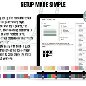 以下が含まれることがあります： 「SETUP MADE SIMPLE」のテキストが入った映画とテレビシリーズのハブのデジタルダウンロード。画面には、カスタマイズオプション、ナビゲーション、評価システムが表示されます。カラーテーマと「BOXED SHEETS」のテキストが含まれています。