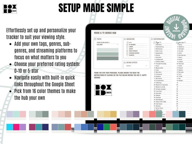 以下が含まれることがあります： 「SETUP MADE SIMPLE」のテキストが入った映画とテレビシリーズのハブのデジタルダウンロード。画面には、カスタマイズオプション、ナビゲーション、評価システムが表示されます。カラーテーマと「BOXED SHEETS」のテキストが含まれています。
