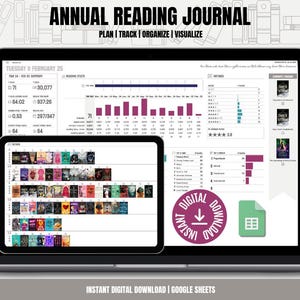 May include: A digital download of a spreadsheet for tracking your annual reading goals. The spreadsheet includes a calendar, a list of books read, and a chart to visualise your progress. The spreadsheet is available for instant download and can be used with Google Sheets.