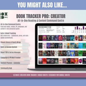 May include: A laptop screen displays a book tracker interface with book covers. The image includes text: "BOOK TRACKER PRO: CREATOR" and "All-in-One Reading & Content Command Centre." Additional text describes features like auto-linked tracking and a built-in review system. The background is a gradient of purple and blue.