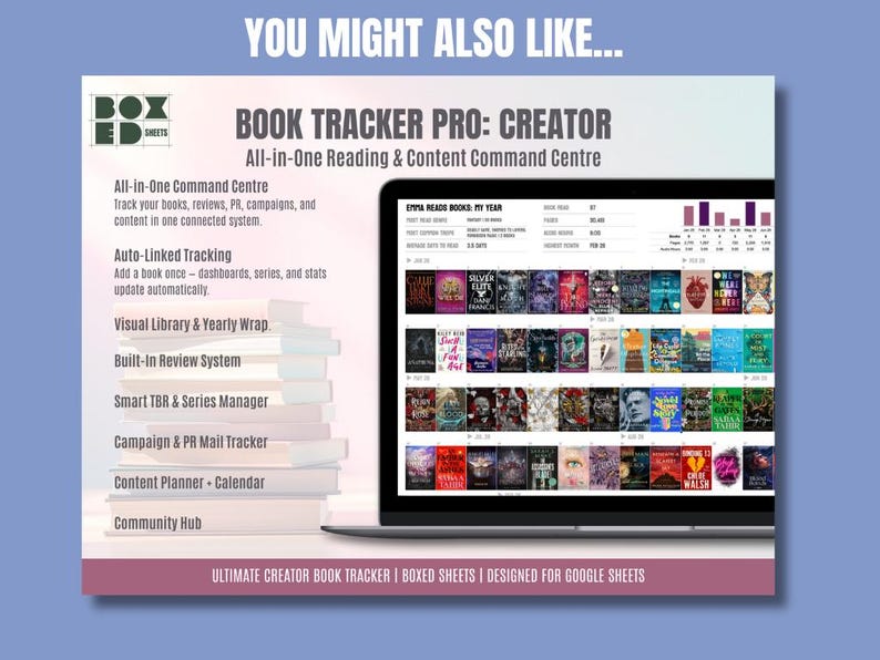 May include: A laptop screen displays a book tracker interface with book covers. The image includes text: "BOOK TRACKER PRO: CREATOR" and "All-in-One Reading & Content Command Centre." Additional text describes features like auto-linked tracking and a built-in review system. The background is a gradient of purple and blue.