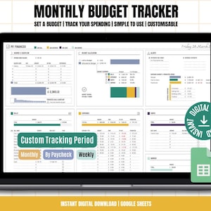 May include: A laptop screen displaying a digital budget tracker spreadsheet with a green, yellow, and blue color scheme. The spreadsheet is titled "Monthly Budget Tracker" and includes sections for "My Finances", "Budget Allocation", "Alerts", and "Expenses". The spreadsheet also includes a section for "Custom Tracking Period" with options for "Monthly", "By Paycheck", and "Weekly".