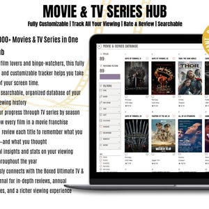 以下が含まれることがあります： 「Movie & TV Series Hub」のインターフェースを表示するラップトップの画面。インターフェースには映画のポスター、フィルター、視聴履歴を追跡するためのデータベースが表示されます。画面のテキストは「Record 4,000+ Movies & TV Series in One Central Hub」です。