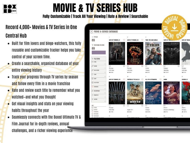 以下が含まれることがあります： 「Movie & TV Series Hub」のインターフェースを表示するラップトップの画面。インターフェースには映画のポスター、フィルター、視聴履歴を追跡するためのデータベースが表示されます。画面のテキストは「Record 4,000+ Movies & TV Series in One Central Hub」です。