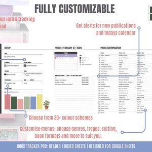 May include: A digital planner interface with the text "FULLY CUSTOMIZABLE." Features include reading tabs, setup options, and a calendar view for February 27, 2026. The planner offers over 30 color schemes and menu customization. The text "BOOK TRACKER PRO" is also visible.