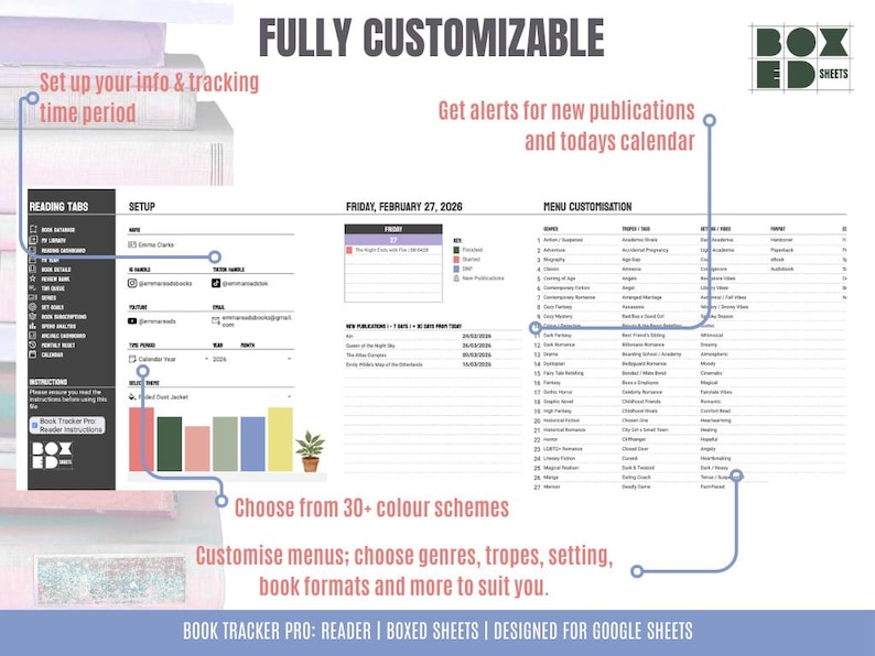 May include: A digital planner interface with the text "FULLY CUSTOMIZABLE." Features include reading tabs, setup options, and a calendar view for February 27, 2026. The planner offers over 30 color schemes and menu customization. The text "BOOK TRACKER PRO" is also visible.