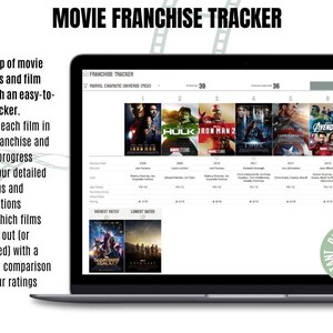 以下が含まれることがあります： マーベル・シネマティック・ユニバースの「Movie Franchise Tracker」を表示するラップトップの画面。トラッカーは映画のタイトル、公開年、評価を示しています。画面には「DIGITAL DOWNLOAD INSTANT」という文字も表示されています。