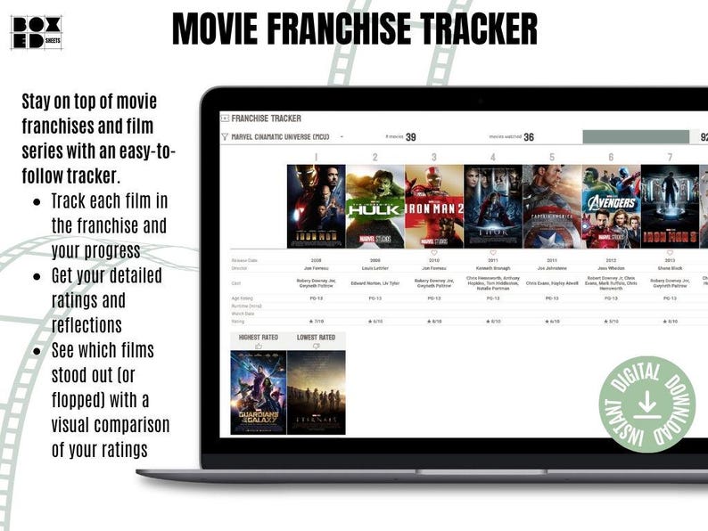 以下が含まれることがあります： マーベル・シネマティック・ユニバースの「Movie Franchise Tracker」を表示するラップトップの画面。トラッカーは映画のタイトル、公開年、評価を示しています。画面には「DIGITAL DOWNLOAD INSTANT」という文字も表示されています。