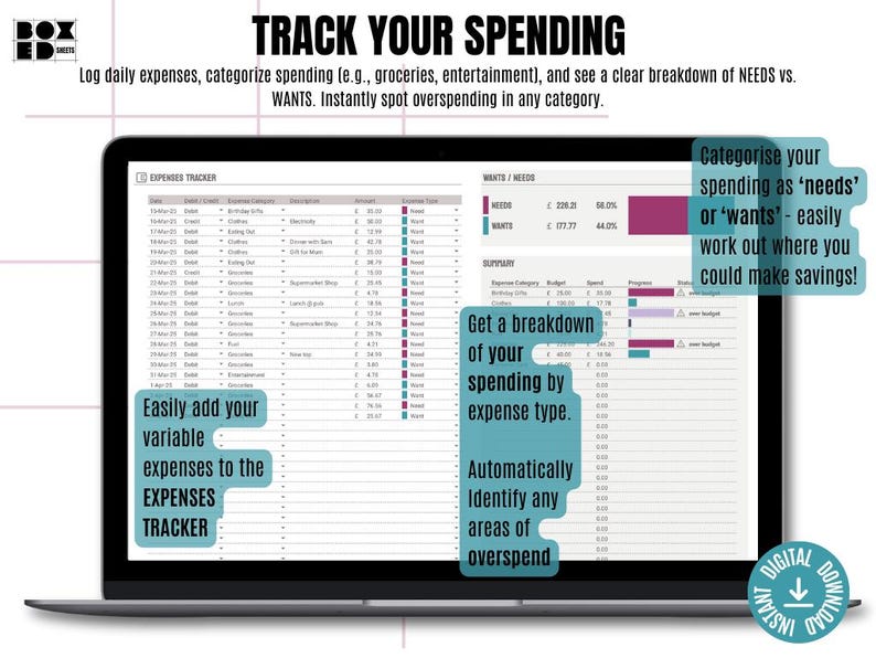 May include: A laptop screen displaying a spreadsheet with the title "EXPENSES TRACKER". The spreadsheet is used to track daily expenses and categorize spending into "needs" and "wants". The image includes text that says "Easily add your variable expenses to the EXPENSES TRACKER", "Get a breakdown of your spending by expense type", "Automatically Identify any areas of overspend", and "Categorise your spending as 'needs' or 'wants' - easily work out where you could make savings!"