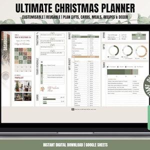 Könnte beinhalten: Ein digitaler Weihnachtsplaner auf einem Laptop-Bildschirm. Der Planer ist im Google Sheets-Format und enthält Abschnitte für ein Dashboard, Traditionen, den heutigen Zeitplan, Karten, das Geschenkbudget, Aufgaben und Ausgaben. Der Planer ist in einem grün-braunen Farbschema gehalten.