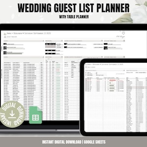Planificateur numérique de liste d'invités pour un mariage : suivi des réponses et plan de salle pour Google Sheets
