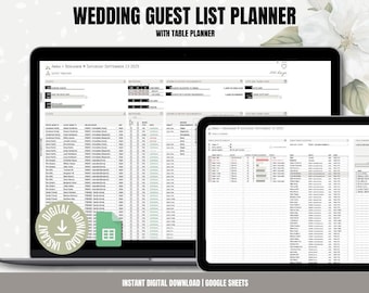 Digital Wedding Guest List Planner: RSVP Tracker & Seating Chart for Google Sheets