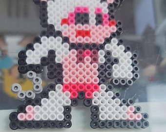 May include: A pink and white pixel art character with black outlines. The character is wearing a red and pink shirt and has a pink nose.