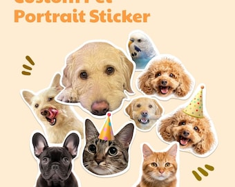Custom Pet Stickers, cute vinyl pet photo stickers, with party hat, for pet lovers