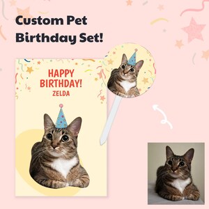 Custom Pet Birthday Card With Matching Cupcake Toppers, Pet Portrait From Photo, Cute Dog Cat Birthday Gift For Pet Lovers, Parents, Dog Mom
