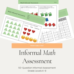 Könnte beinhalten: Ein druckbares PDF-Arbeitsblatt für die informelle mathematische Beurteilung. Das Arbeitsblatt enthält 50 Fragen und ist für die Klassenstufen K-8 konzipiert. Das Arbeitsblatt enthält Fragen zum Zählen, zu Formen und zu Geld.