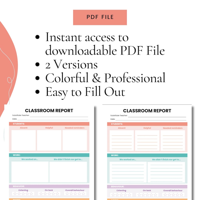 May include: Two printable classroom report templates. The templates are in a light pink, light blue, and light green color scheme. The templates have sections for student names, absent, helpful, needed reminders, work, and behavior. The templates have a title that says "Classroom Report".