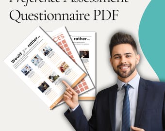 May include: A man holds up a preference assessment questionnaire PDF. The questionnaire has a title that says "Would you rather..." and features a grid of images with questions below each image. The questionnaire is printed on white paper with a peach background.