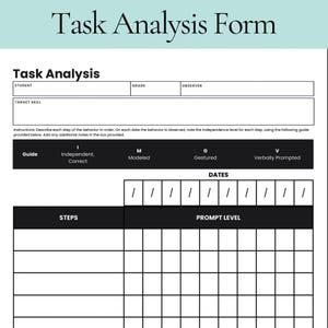 May include: A white Task Analysis Form with black text. The form includes sections for student, grade, observer, and target skill. It has a table for recording steps, prompt levels, and dates, with a guide for independence levels.