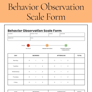 May include: A Behavior Observation Scale Form. The form includes sections for student, observer, and goal. It has a scoring system from 0 to 2, and a table to record daily observations. The title is at the top.
