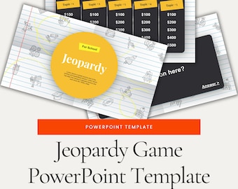 May include: A PowerPoint template for a Jeopardy game for school. The template features a game board with five topics and 25 total questions, plus a final Jeopardy round. The board is designed to look like a notebook page with a yellow circle in the center that says "For School" and "Jeopardy".