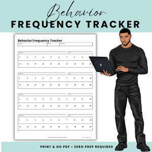 May include: A Behavior Frequency Tracker printable PDF document featuring a white grid with four sections for tracking behaviour occurrences numbered 1 through 20, alongside an illustration of a person in a black long-sleeve shirt and trousers.