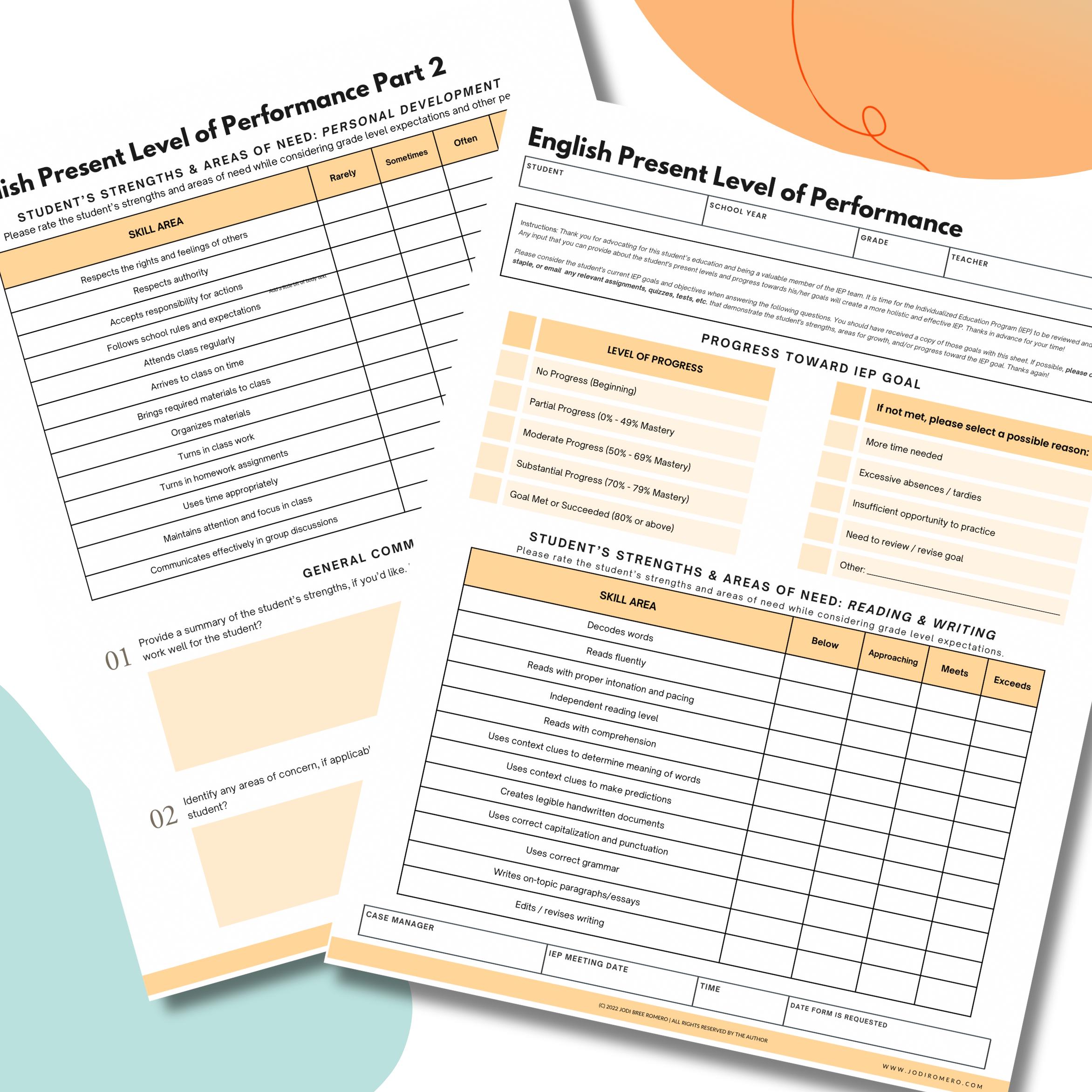 IEP Present Level of Performance Form - English | IEP PLOP Form ...